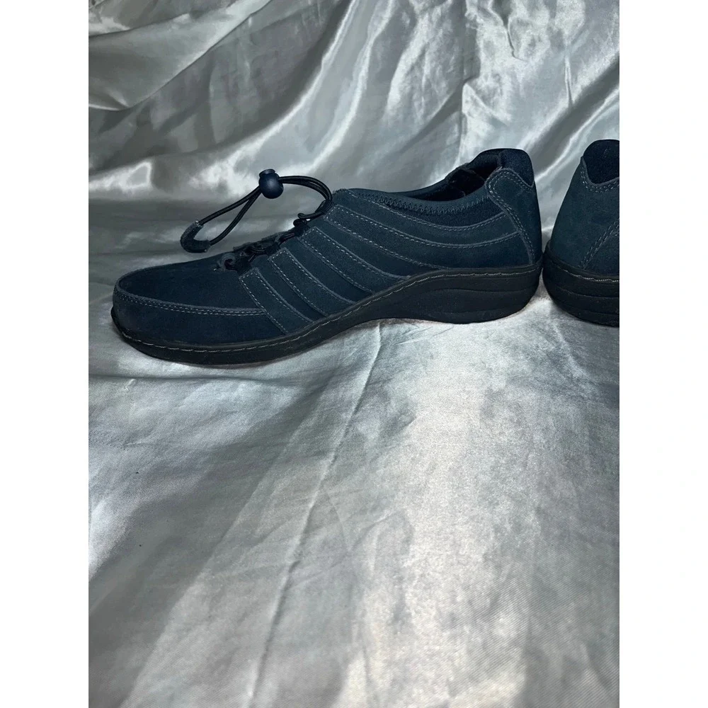 Aetrex Berries Women‎ 8.5 Navy Leather Bungee Slip On Sneakers Slip Resistant